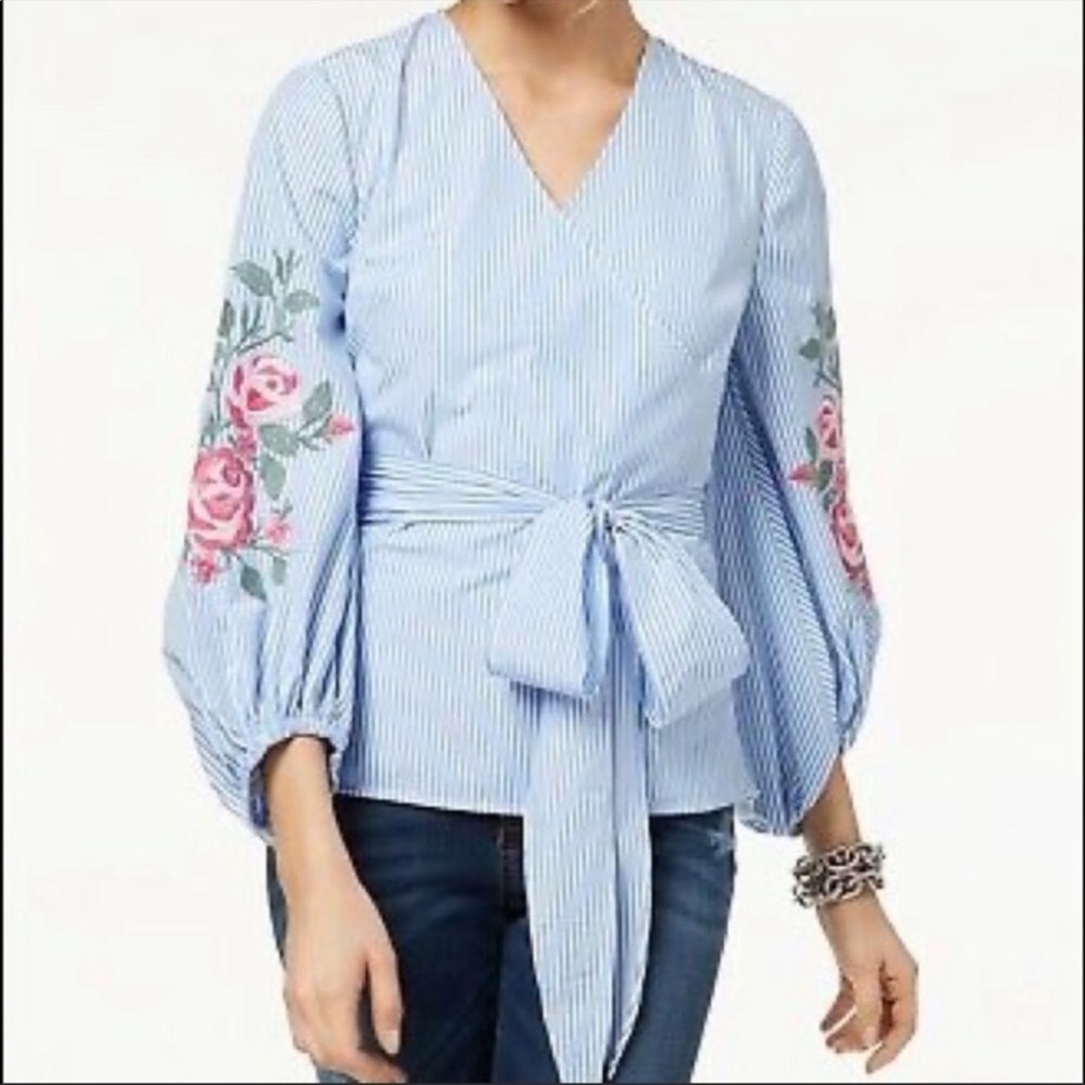 INC Floral Embroidered Striped Wrap Top Poplin Blouse Balloon Sleeve Medium